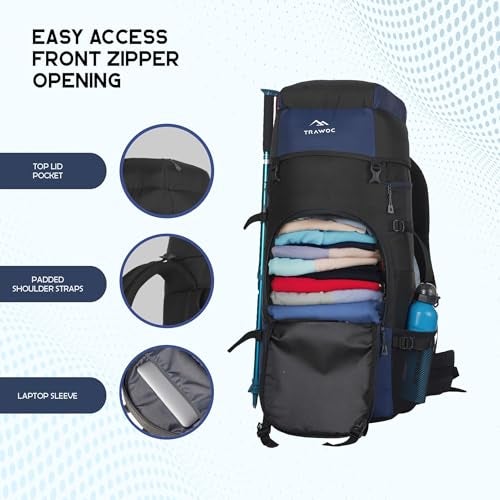 TRAWOC ALPINE 55 Liter Travel Backpack Front & Top Loading Camping Rucksack Hiking Trekking Bag for Men & Women, SHK007 Navy Blue, 3 Year Warranty - Image 4