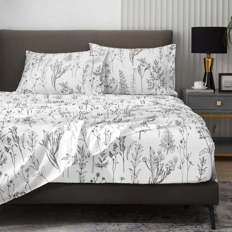 HYPREST Floral Sheets Queen Size18 inches Deep Pocket Sheets 1800 Thread Count Black and White Leaf Floral Bed Sheets Soft Breathable Cute Aesthetic Shabby Chic Bed Sheets OekoTex Certificated