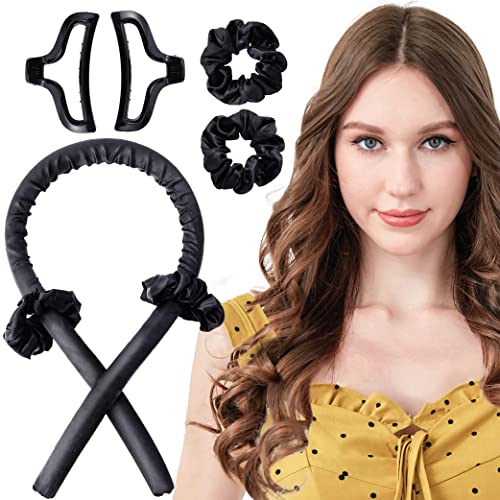 Heatless Curling Rod Silk Headband No Heat Curls Rollers Curlers with Ribbons Sleeping Soft Wave Hair Curler DIY Hair Styling Tools Formers for Long Medium Hair Glossy Black