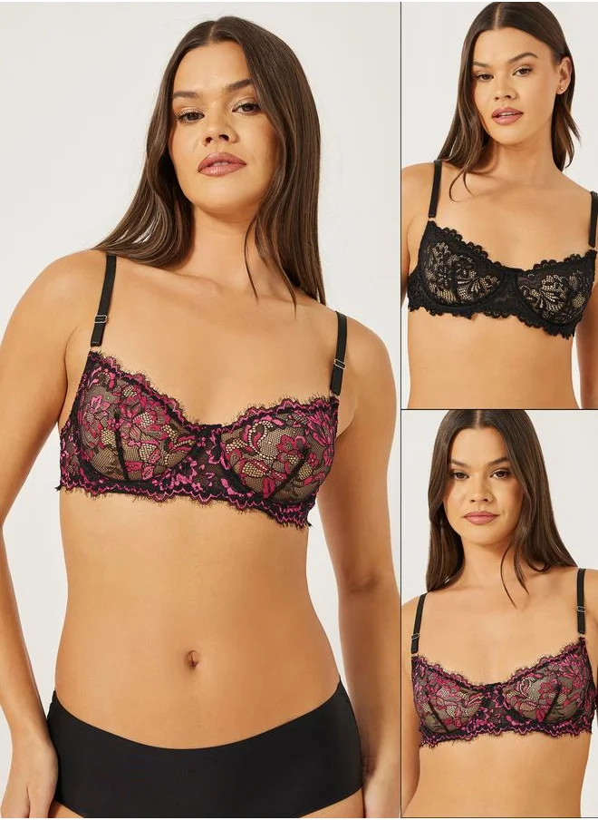 Styli Styli Pack of 2 - Non-Padded Wired Scalloped Edge Lace Underwired Bra