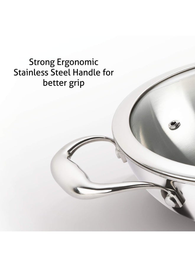 Alda Vitale Tri-Ply Stainless Steel Wok Pan Kadhai 20 Cm 1.7 LTR with Glass Lid - Image 3