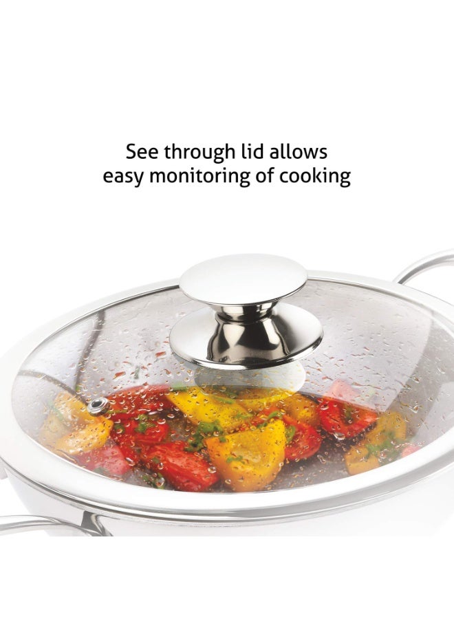 Alda Vitale Tri-Ply Stainless Steel Wok Pan Kadhai 20 Cm 1.7 LTR with Glass Lid - Image 4