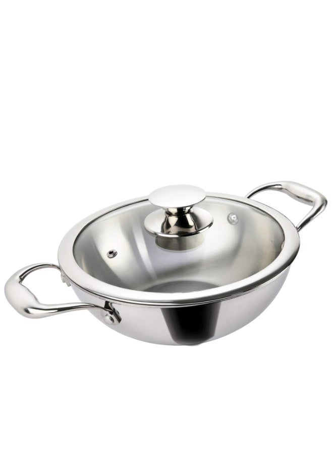 Alda Vitale Tri-Ply Stainless Steel Wok Pan Kadhai 20 Cm 1.7 LTR with Glass Lid - Image 1