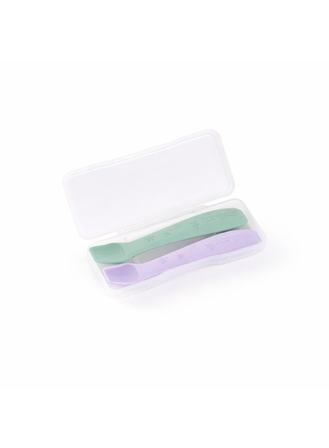 2angels Two Silicone Baby Spoons with Travel Case  - Starry - Summer Leaf & Purple - Image 1