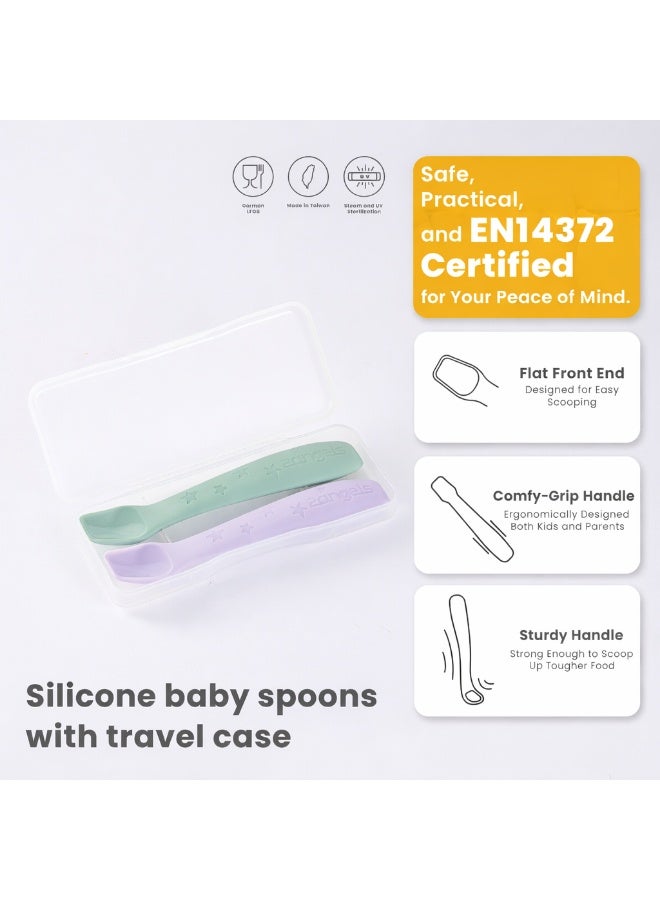 2angels Two Silicone Baby Spoons with Travel Case  - Starry - Summer Leaf & Purple - Image 2