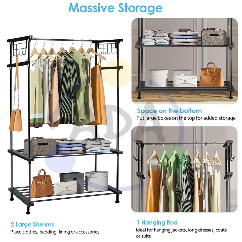 ADA Premium Metal Heavy Duty Drizzle Garment Rack with 10 Side Hooks Multifunctional 2 Lower Shelves Clothe Rail Black 84 x 31 x 140cm - Image 3