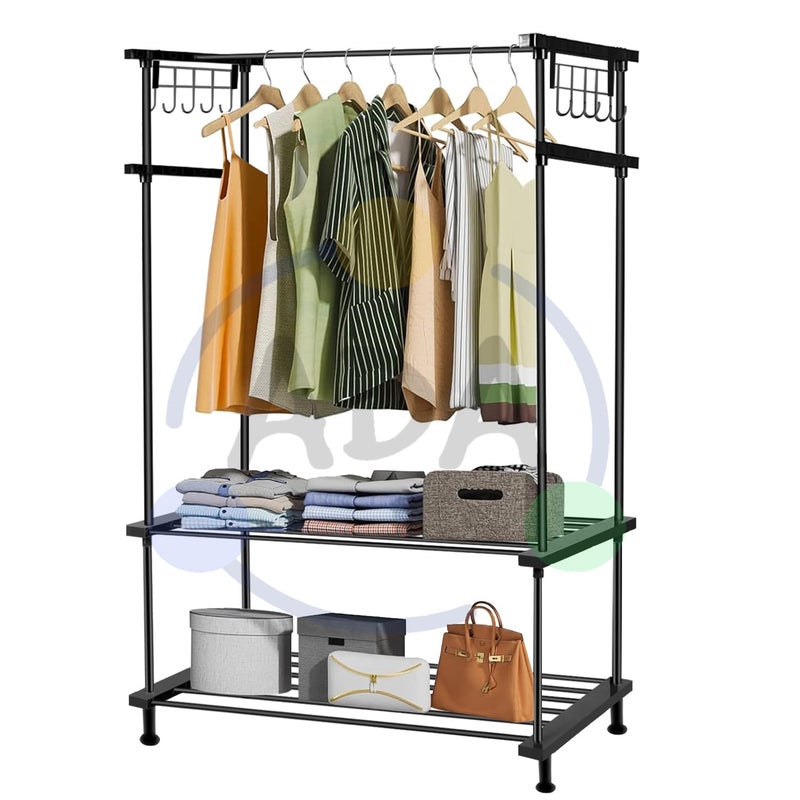 ADA Premium Metal Heavy Duty Drizzle Garment Rack with 10 Side Hooks Multifunctional 2 Lower Shelves Clothe Rail Black 84 x 31 x 140cm - Image 2
