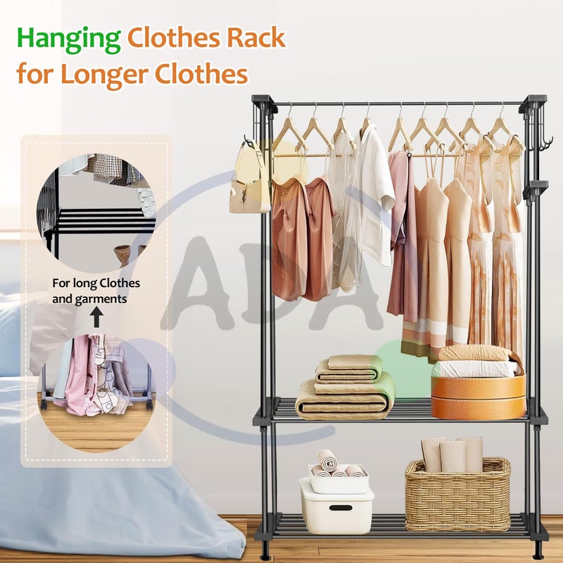 ADA Premium Metal Heavy Duty Drizzle Garment Rack with 10 Side Hooks Multifunctional 2 Lower Shelves Clothe Rail Black 84 x 31 x 140cm - Image 4