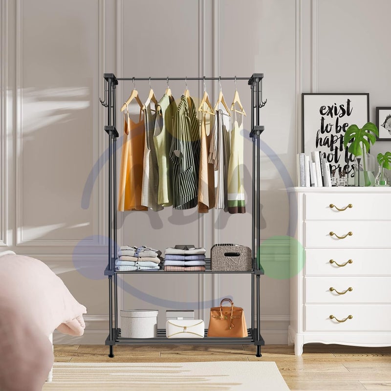 ADA Premium Metal Heavy Duty Drizzle Garment Rack with 10 Side Hooks Multifunctional 2 Lower Shelves Clothe Rail Black 84 x 31 x 140cm - Image 1