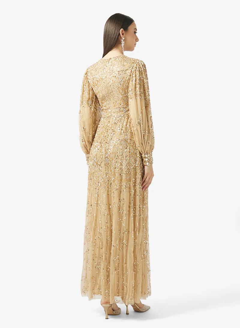 MARYISA Embellished Alloon Sleeve Maxi Dress