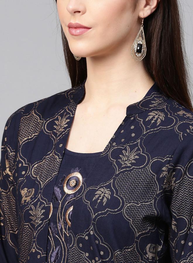 ISHIN Women'S Dark Blue 100% Cotton Printed A-Line Kurta Set - Image 2