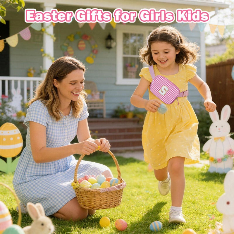 YOOLIFE Easter Basket Stuffers for Girl Kids Toddler Checkered Initial Belt Bag Fanny Pack Purse for Girls Kid Birthday Gifts for 3 4 5 6 7 8 9 10 Year Old Girl Easter Gifts for Kids Girls Pink M - Image 2