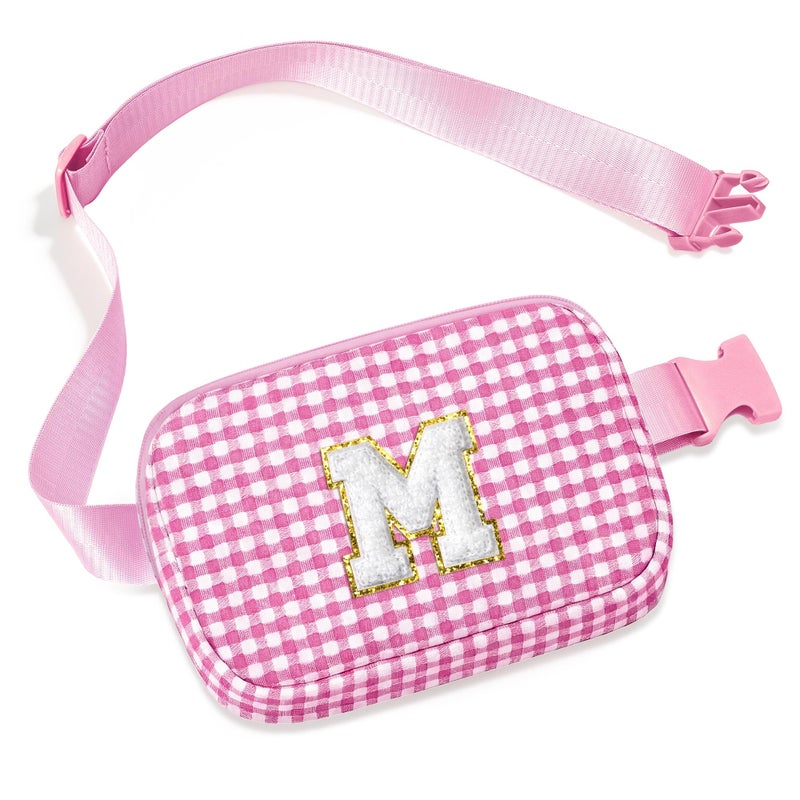 YOOLIFE Easter Basket Stuffers for Girl Kids Toddler Checkered Initial Belt Bag Fanny Pack Purse for Girls Kid Birthday Gifts for 3 4 5 6 7 8 9 10 Year Old Girl Easter Gifts for Kids Girls Pink M - Image 1