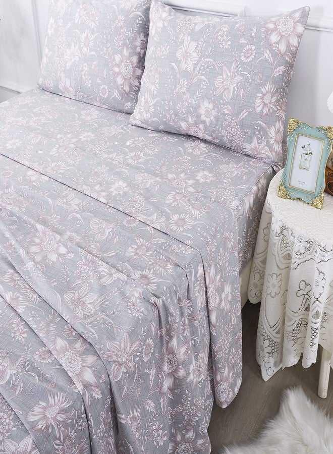 FADFAY Full Size Bed Sets Pink & Grey Girls Bedding Daisy Patterned Sheets Set 100% Cotton Super Soft All-Season Use (4Pcs, 1 Flat Sheet, 1 Fitted Sheet, 2 Pillowcases) - Image 2