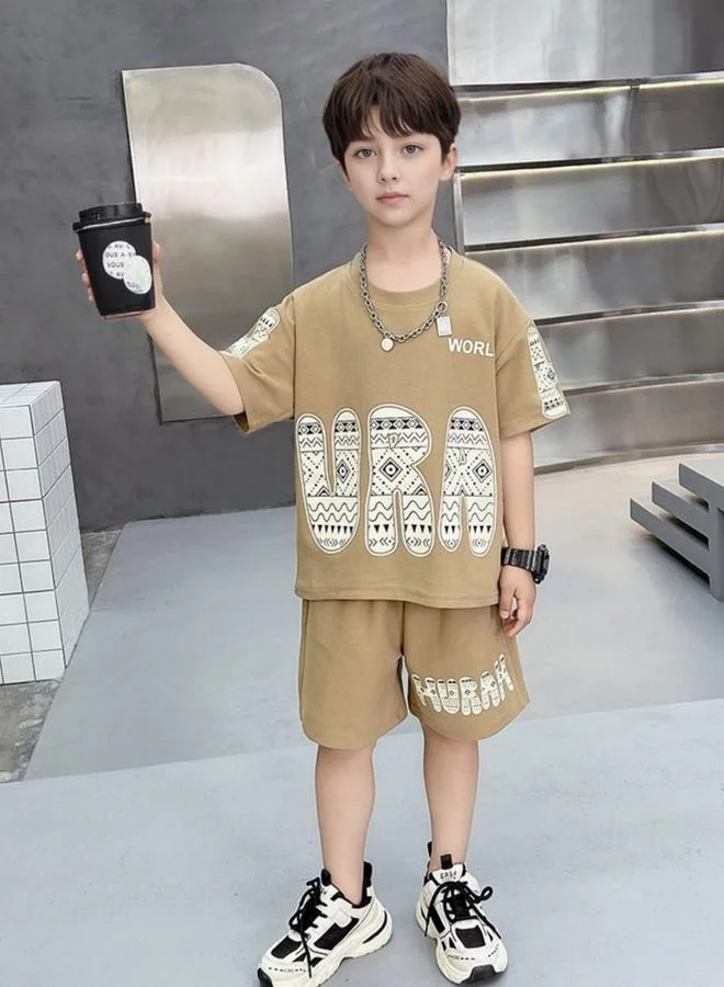 Take Two  Boys Beige Graphic Print T-Shirt And Shorts Set for Men | Best Price UAE