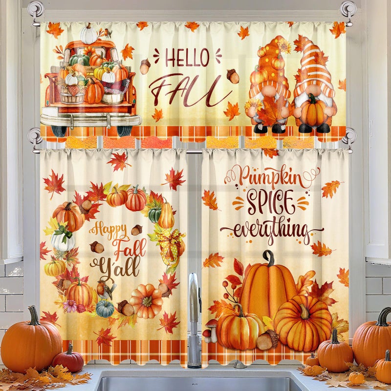 Breling 3 Pcs Fall Pumpkin Kitchen Curtains Valances and Tiers Set for Windows Pumpkins Maple Leaf Gnomes Thanksgiving Decor Short Curtain Set for Bedroom Window Treatment Decor Party Favor Supplies - Image 2