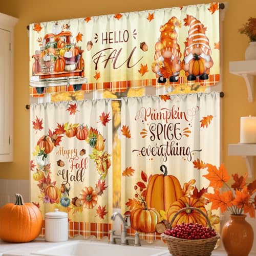 Breling 3 Pcs Fall Pumpkin Kitchen Curtains Valances and Tiers Set for Windows Pumpkins Maple Leaf Gnomes Thanksgiving Decor Short Curtain Set for Bedroom Window Treatment Decor Party Favor Supplies - Image 3