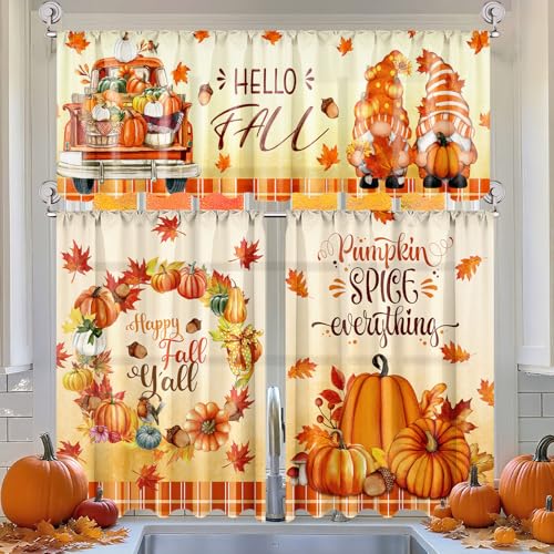 Breling 3 Pcs Fall Pumpkin Kitchen Curtains Valances and Tiers Set for Windows Pumpkins Maple Leaf Gnomes Thanksgiving Decor Short Curtain Set for Bedroom Window Treatment Decor Party Favor Supplies - Image 1