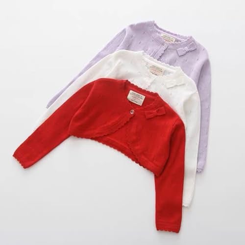 Miccina Baby Girls Cardigan Sweater Bolero Shrugs Toddler Kids Knitted Long Sleeve Button Closure Cropped Dress Up Jacket Tops White - Image 5