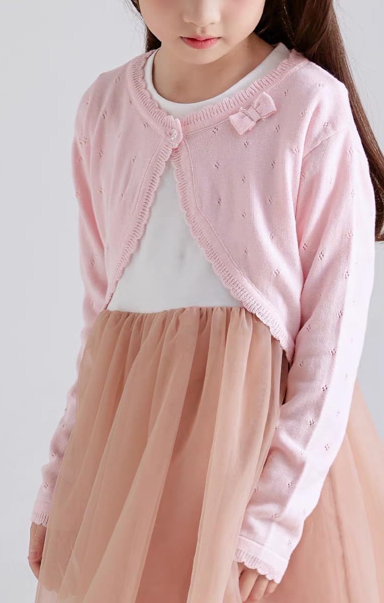Miccina Baby Girls Cardigan Sweater Bolero Shrugs Toddler Kids Knitted Long Sleeve Button Closure Cropped Dress Up Jacket Tops White - Image 3