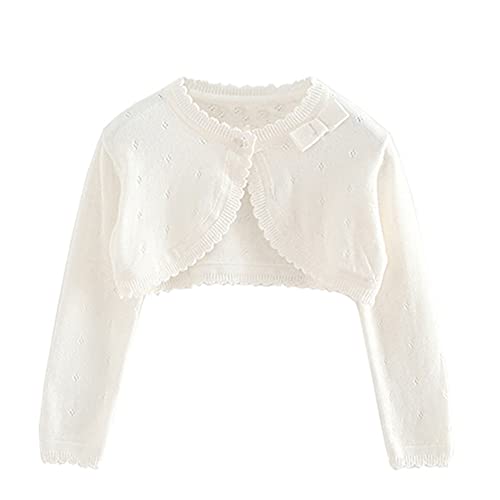 Miccina Baby Girls Cardigan Sweater Bolero Shrugs Toddler Kids Knitted Long Sleeve Button Closure Cropped Dress Up Jacket Tops White - Image 1