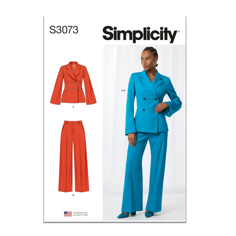 Simplicity SS3073AA Misses' and Women's Fitted Lined Jacket and Wide Leg Pants Sewing Pattern Packet, Design Code S3073, Sizes 10-12-14-16-18 - Image 1