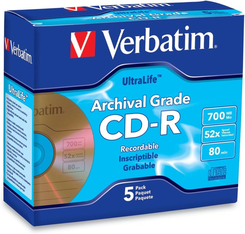 VERBATIM قرص CD-R 700MB 52X UltraLife Gold من الدرجة الأرشيفية - سطح مميز وطلاء صلب - 5 حزمة علبة جوهرة - 96319 - Image 1