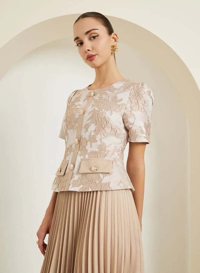 Styli Beige Jacquard Pleated A-Line Midi Dress