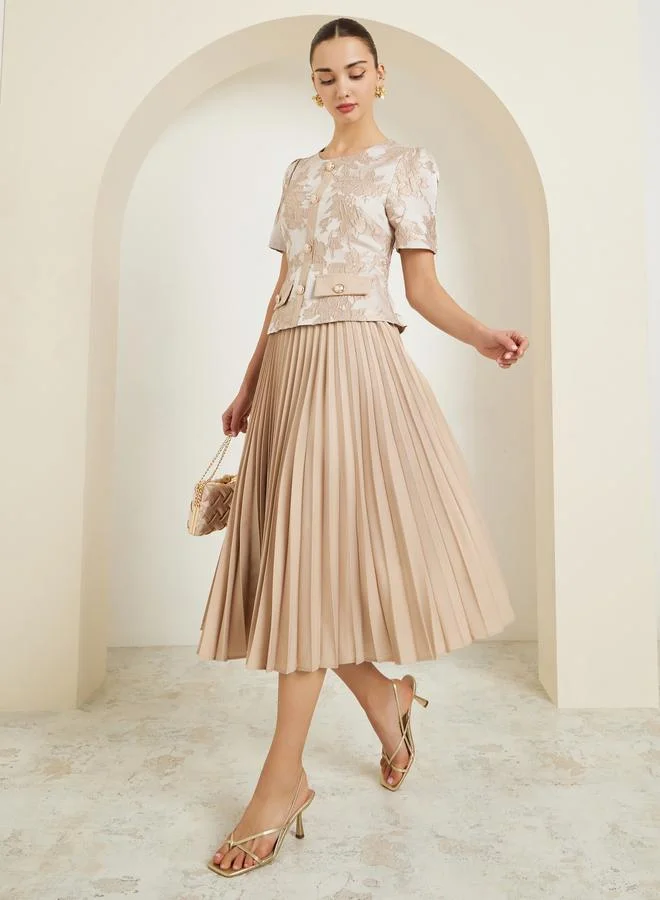 Styli Beige Jacquard Pleated A-Line Midi Dress
