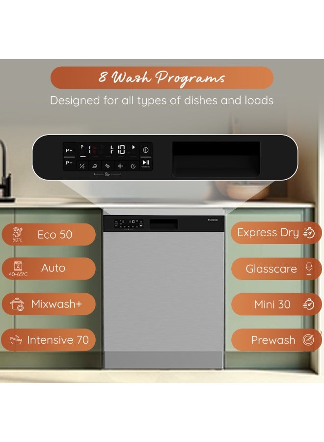 Ariston Freestanding Dishwasher 15 Place Settings Full Size, 8 Wash Programs, AquaIntense PowerWash, 43 dBA Quiet Operation, Active Ventilation Drying, Stainless Steel Inox - ARDF658DDI3XME ARDF658DDI3XME Inox - Fingerprint Proof - Image 4