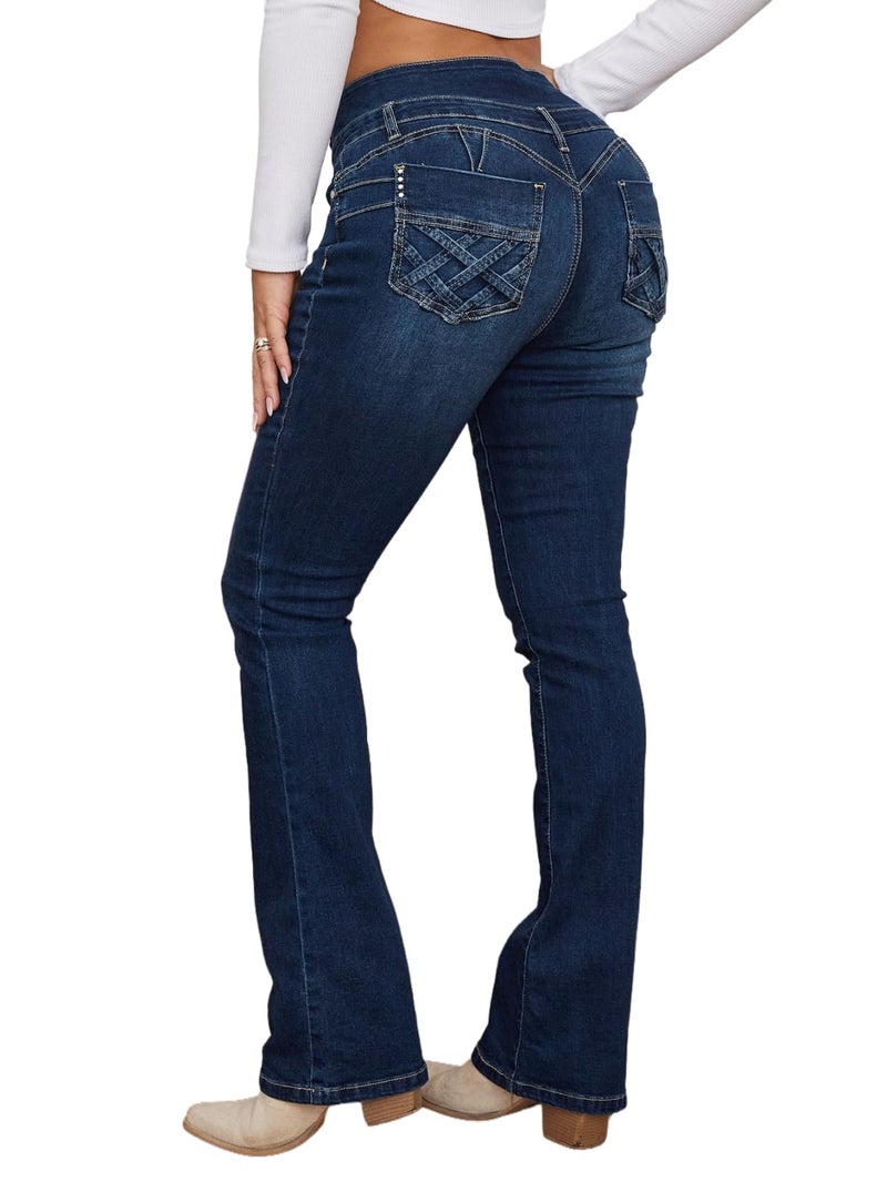Flamingals Butt Lifting Jeans for Women Trendy High Waist Tummy Control Jeans Bootcut Flare Pants Navy Blue M - Image 1