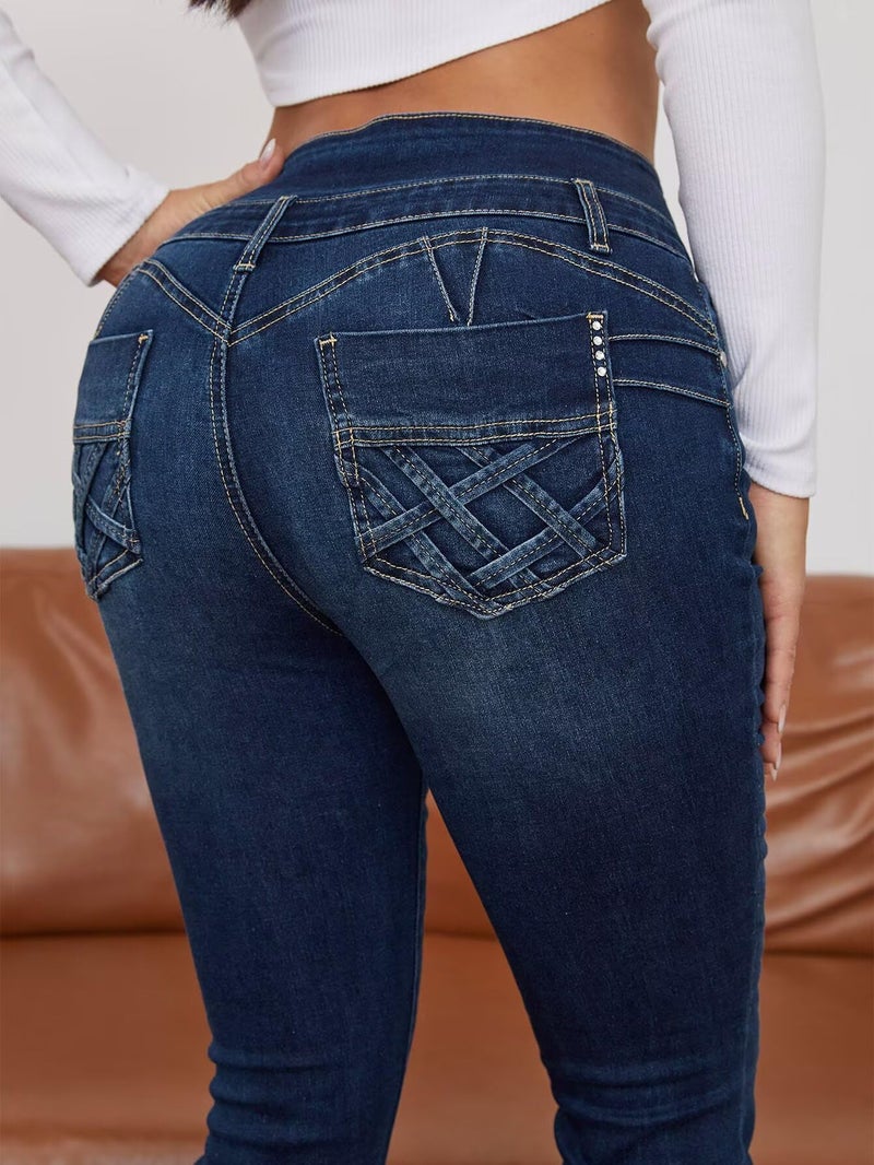 Flamingals Butt Lifting Jeans for Women Trendy High Waist Tummy Control Jeans Bootcut Flare Pants Navy Blue M - Image 5