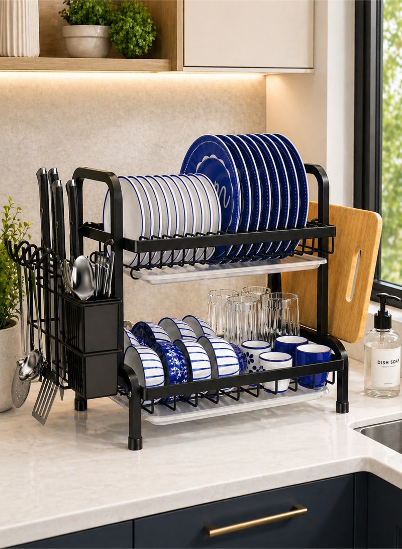 RACK STORE 2 Tier Dish Drying Rack, Dish Drainer with Removable Drain Board, Utensil Holders - Image 1