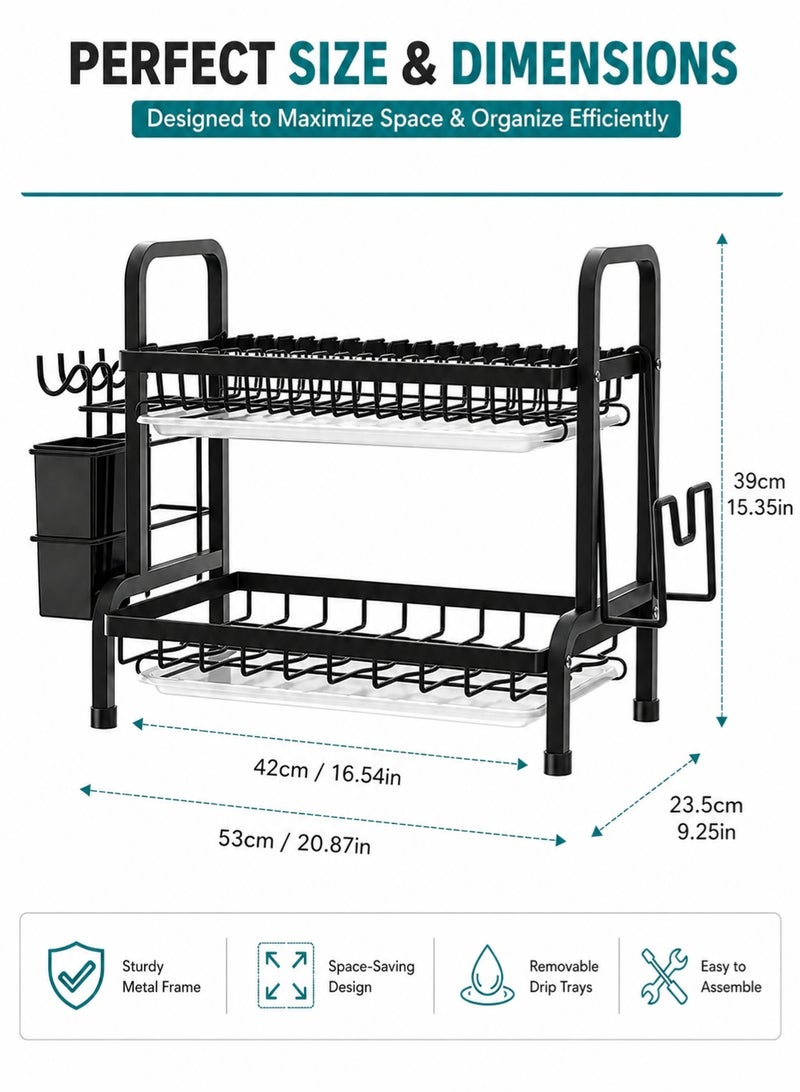 RACK STORE 2 Tier Dish Drying Rack, Dish Drainer with Removable Drain Board, Utensil Holders - Image 2