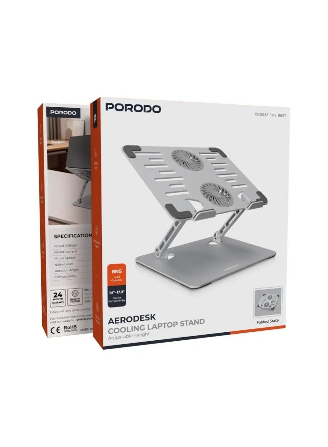 porodo Aerodesk Cooling Laptop Stand with Adjustable Height, High-Speed 4000RPM Silent Cooling Fan, Foldable Design, Rotating Joints, Anti-Slip Base, Carbon Steel Build & Universal Support for 14–17.3 Inch Laptops- Silver - Image 3
