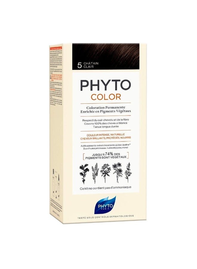 Phyto مجموعة علاج صبغة الشعر الدائم فيتو كولور مع مطور الحليب وكريم الصبغ، ظل 5 بني فاتح