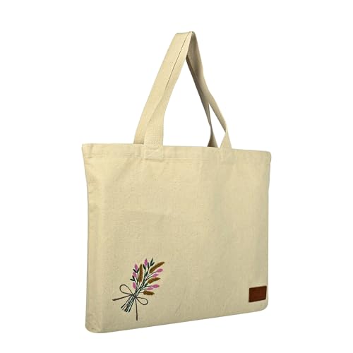 Rigs-bana Large Designer Emb Tote Hand bag 14 oz Canvas, 19 x 14 x 2 Inches Wide Gusset, Solid Color, Reusable Carry Bag for Travel, Shopping, Work, or Storage (Minimal, Beige - LG) - Image 1