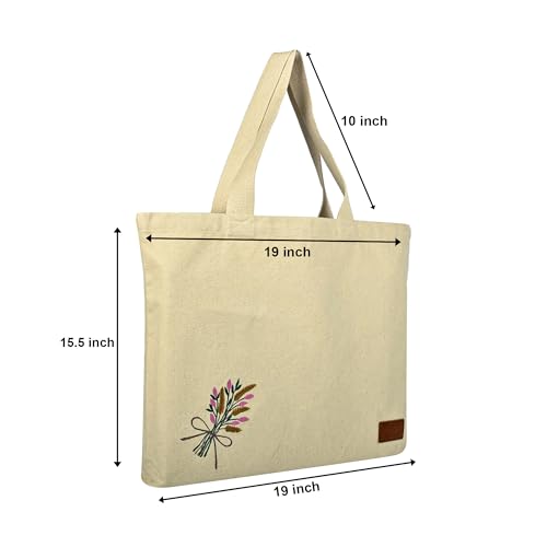 Rigs-bana Large Designer Emb Tote Hand bag 14 oz Canvas, 19 x 14 x 2 Inches Wide Gusset, Solid Color, Reusable Carry Bag for Travel, Shopping, Work, or Storage (Minimal, Beige - LG) - Image 5