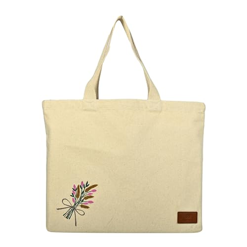 Rigs-bana Large Designer Emb Tote Hand bag 14 oz Canvas, 19 x 14 x 2 Inches Wide Gusset, Solid Color, Reusable Carry Bag for Travel, Shopping, Work, or Storage (Minimal, Beige - LG) - Image 2