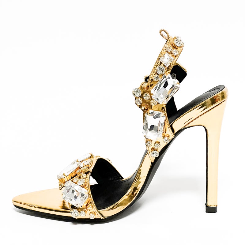 11Cm New Pointed Toe Gold Export Rivets Rhinestone Stiletto Heels Summer Sandals Fashion Large Size Shoes - Image 1