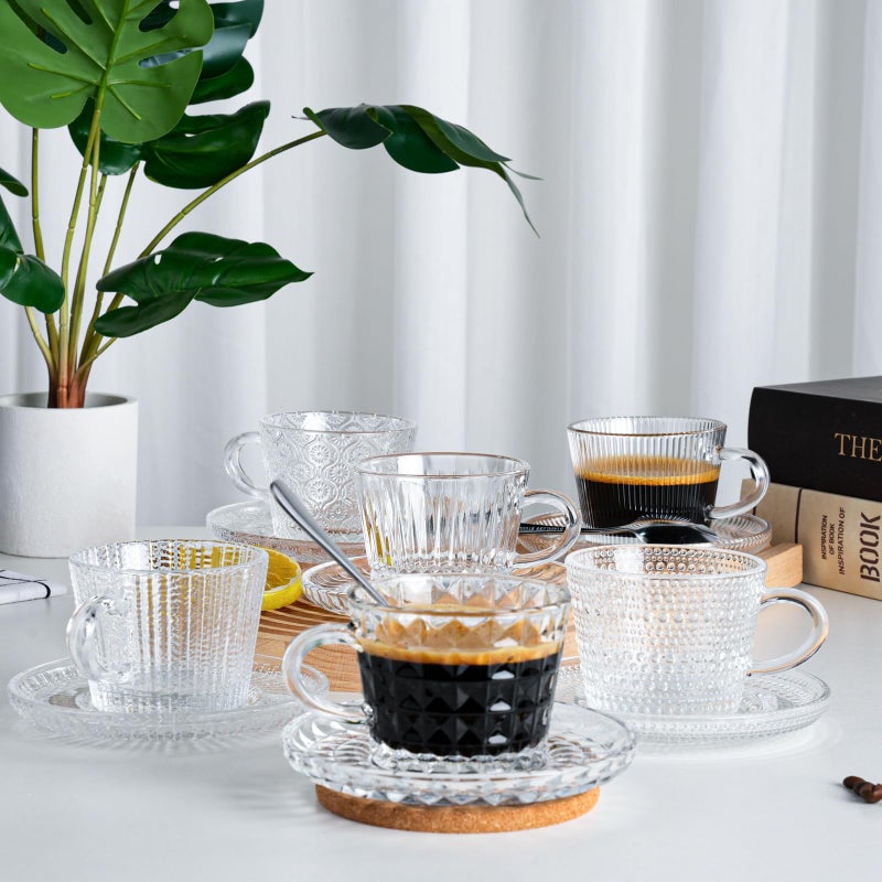 GURUDAR Glass Espresso Shot Cups with Saucers Set of 6, Clear Small Demitasse Cup with Stainless Steel Spoons, Dishwasher Safe Coffee Mugs for Tea Hot Chocolate Cappuccino, 5OZ/150ML, Mix - Image 4