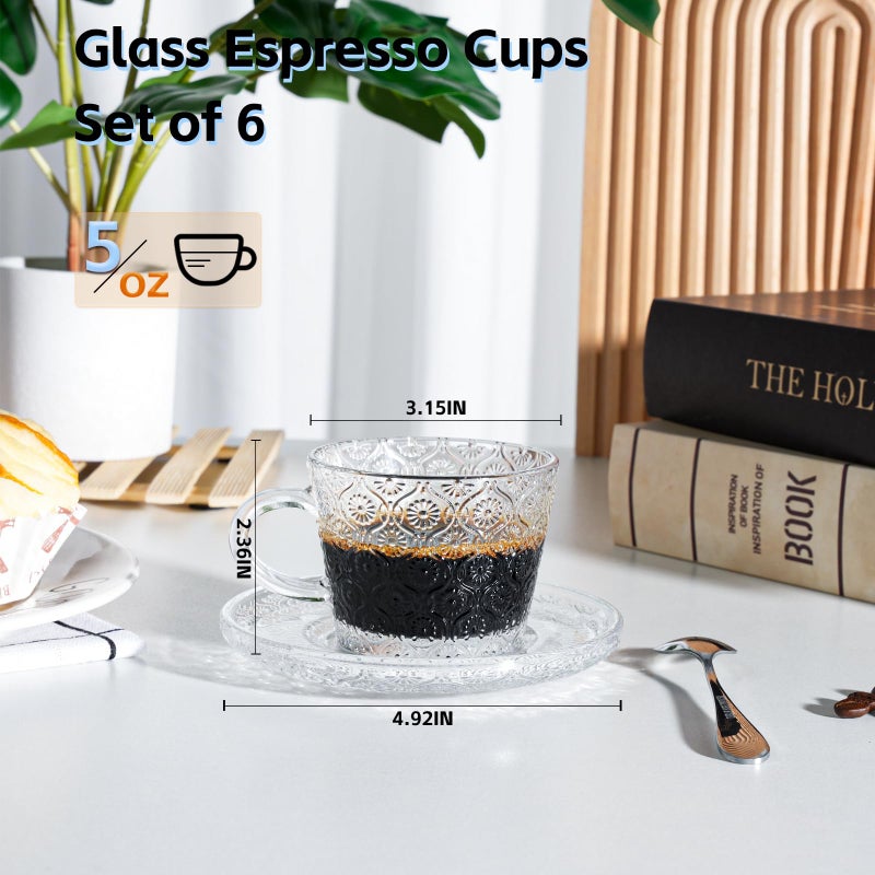 GURUDAR Glass Espresso Shot Cups with Saucers Set of 6, Clear Small Demitasse Cup with Stainless Steel Spoons, Dishwasher Safe Coffee Mugs for Tea Hot Chocolate Cappuccino, 5OZ/150ML, Mix - Image 2
