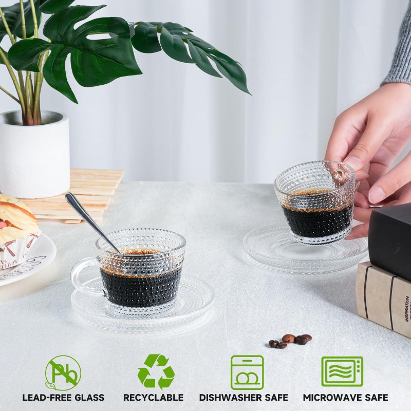 GURUDAR Glass Espresso Shot Cups with Saucers Set of 6, Clear Small Demitasse Cup with Stainless Steel Spoons, Dishwasher Safe Coffee Mugs for Tea Hot Chocolate Cappuccino, 5OZ/150ML, Mix - Image 3