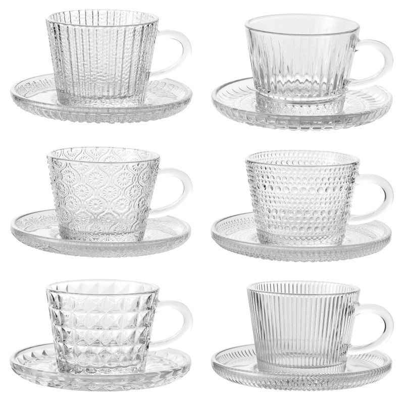 GURUDAR Glass Espresso Shot Cups with Saucers Set of 6, Clear Small Demitasse Cup with Stainless Steel Spoons, Dishwasher Safe Coffee Mugs for Tea Hot Chocolate Cappuccino, 5OZ/150ML, Mix - Image 1