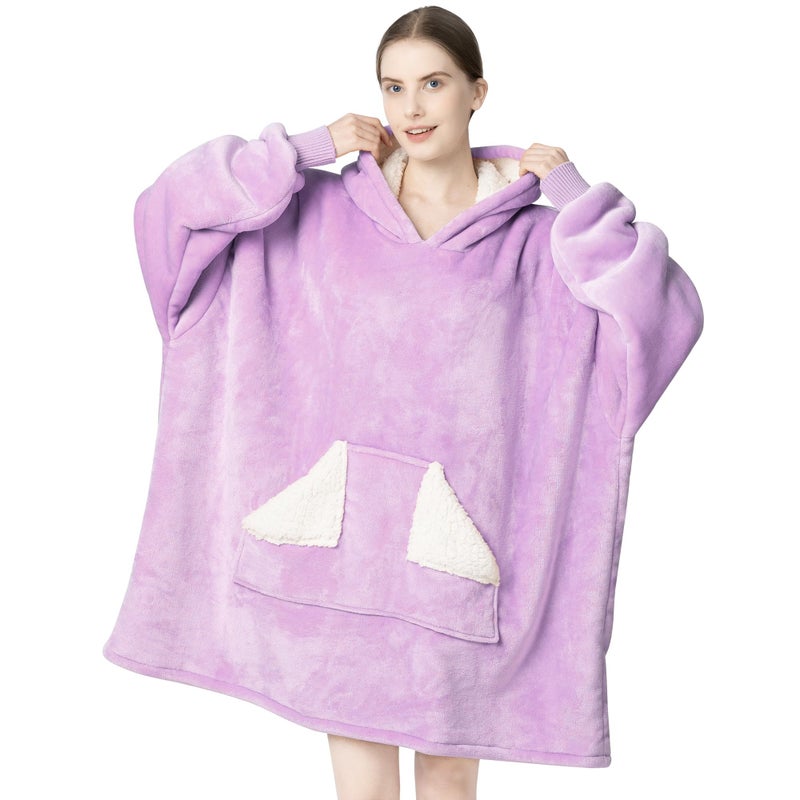 Touchat Wearable Blanket Hoodie Oversized Sherpa Blanket Sweatshirt with Hood Pocket and Sleeves Super Soft Warm Plush Hooded Blanket for Adult Women Men Purple