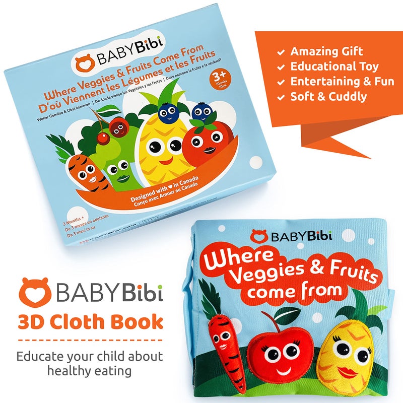 BabyBibi Soft Baby Book, Where Veggies & Fruits Come From''. Interactive Teething Infant Book, Touch & Feel, Crinkle Cloth Book for Babies 3 Months+ - Image 2