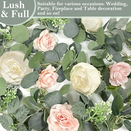 Grandeal 2 Pack 13Ft Artificial Eucalyptus Flower Garland with 16 White Peony Pink Rose, Baby Breath Fake Flowers Greenery Garland Floral Vine for Mantle Wedding Table Runner Centerpiece Backdrop Home Decor - Image 4