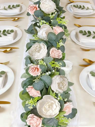 Grandeal 2 Pack 13Ft Artificial Eucalyptus Flower Garland with 16 White Peony Pink Rose, Baby Breath Fake Flowers Greenery Garland Floral Vine for Mantle Wedding Table Runner Centerpiece Backdrop Home Decor - Image 1