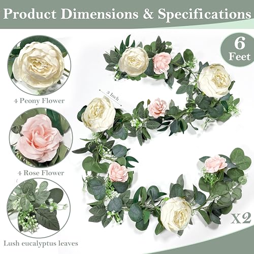 Grandeal 2 Pack 13Ft Artificial Eucalyptus Flower Garland with 16 White Peony Pink Rose, Baby Breath Fake Flowers Greenery Garland Floral Vine for Mantle Wedding Table Runner Centerpiece Backdrop Home Decor - Image 2