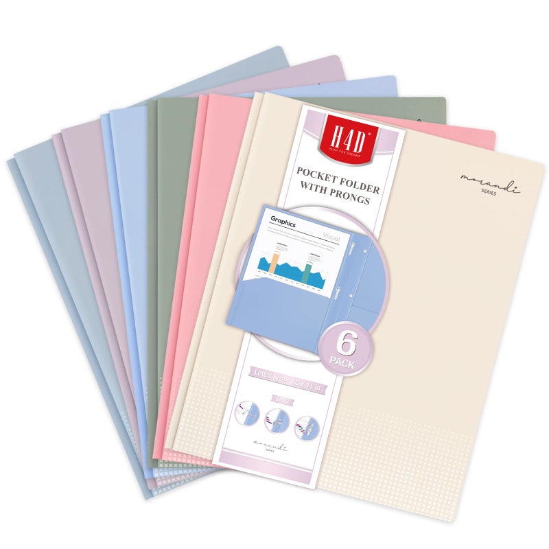 H4D Plastic 2 Pocket Folders with Prongs, Letter Size, Pastel Colors, 6 Pack - Image 1